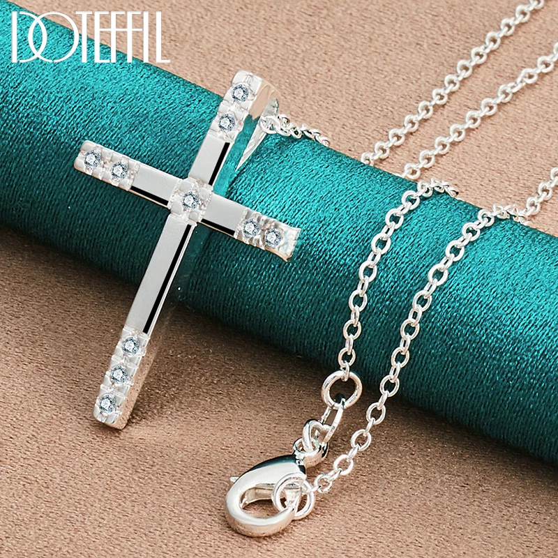 DOTEFFIL 925 Sterling Silver AAA Zircon Cross Pendant Necklace 16-30 Inch Chain For Women Man Fashion Wedding Charm Jewelry