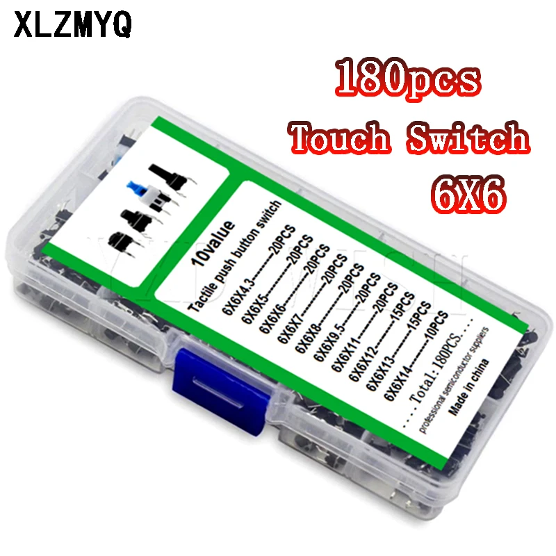 180PCS 10 Type 6*6 Light Micro Touch Switch Set Push Button Switch Kit Assortment Set  6x6 Keys Tact ON/OFF Diy Electronic Pack