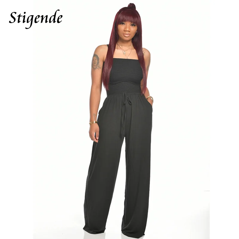 

Stigende Casual Wide Leg Stretch Strapless Jumpsuit Women Summer Bodycon Drawstring Jumpsuit Elegant Loose Pocket Plain Jumpsuit