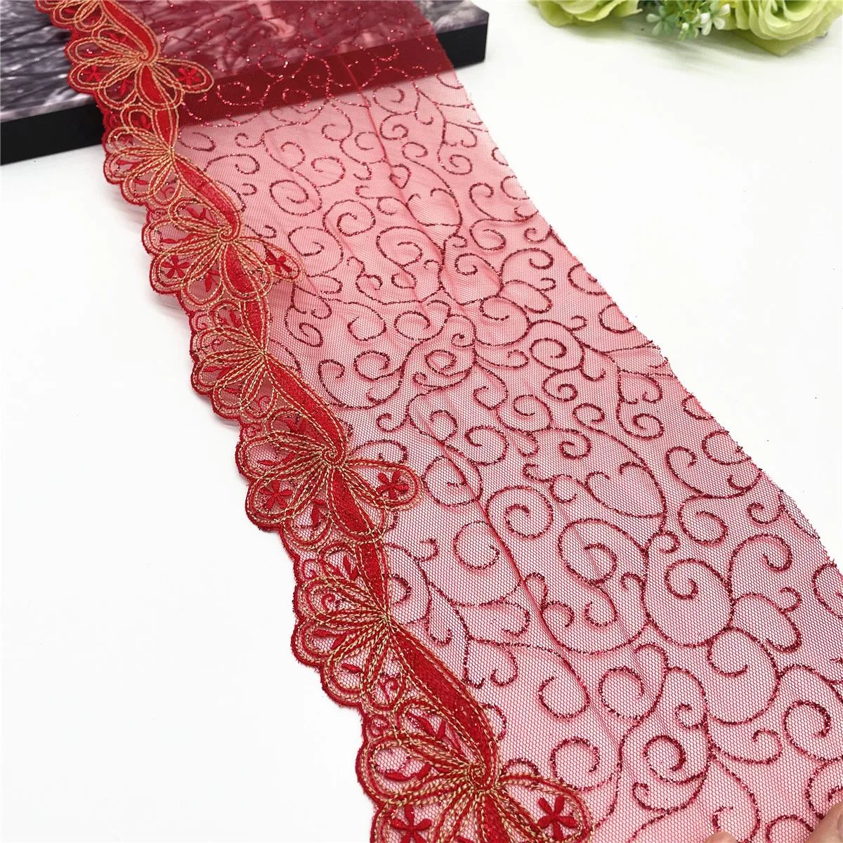 3y/lot Width 7 inch (18cm) Red With Metallic Shiny Embroidery Lace Trim For Skirt Hem Clothes Sewing Material DIY Apparel Fabric