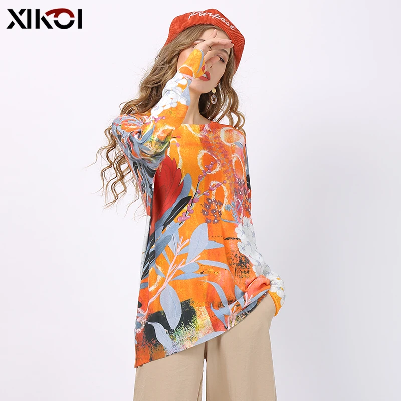 XIKOI Fashion Print Sweater For Women Winter Oversized Pullover Autumn Long Sleeves O-Neck Jumper Knitted Pull Femme Plus Size