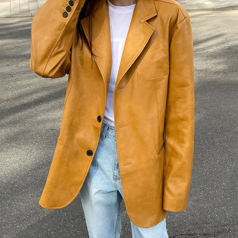 Women Short Pu Leather Coat Loose Style Yellow Color Vintage Full Women's Jacket Oversized Fashion Coat