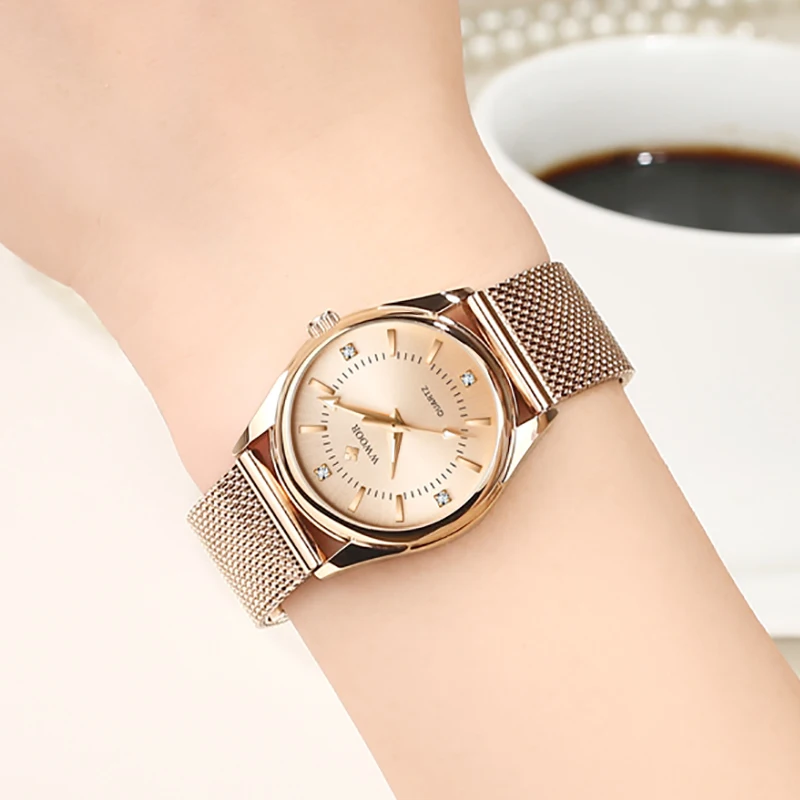 WWOOR 2023 Casual Women Dress Rose Gold Mesh Belt  Fashion Diamonds Wristwatch Waterproof Simple Female Quartz Watch Reloj Mujer