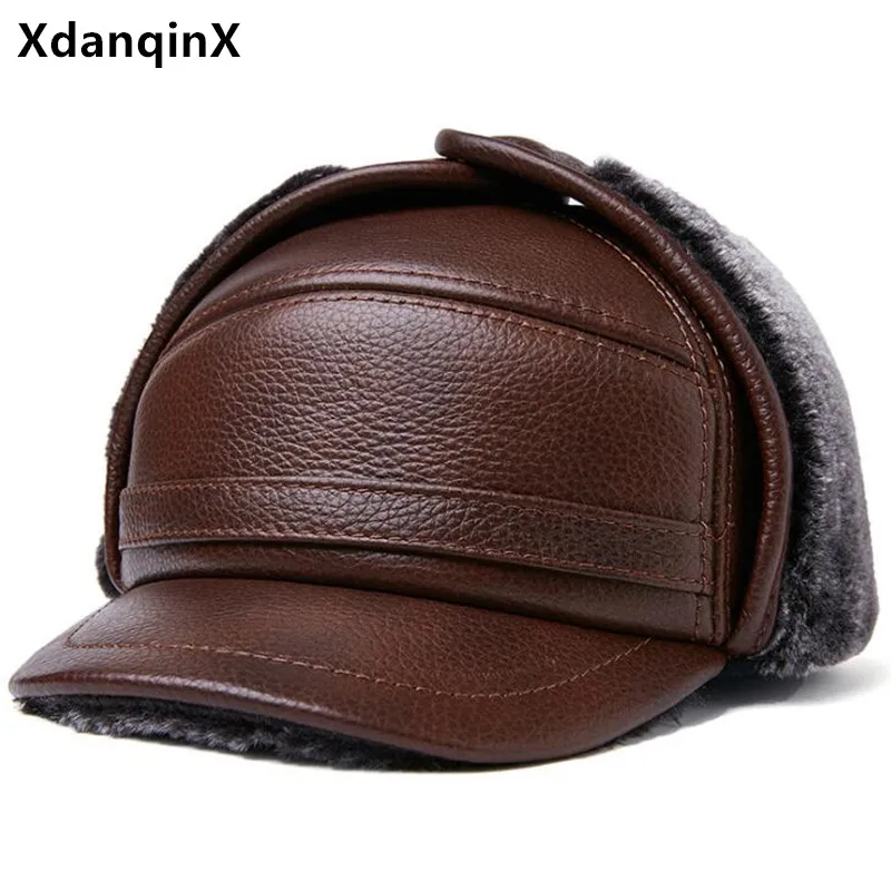 New Winter Warm Caps For Men Genuine Leather Cap Fluff Thermal Bomber Hats Men's Cowhide Leather Hat Ear Protection Earmuffs Hat