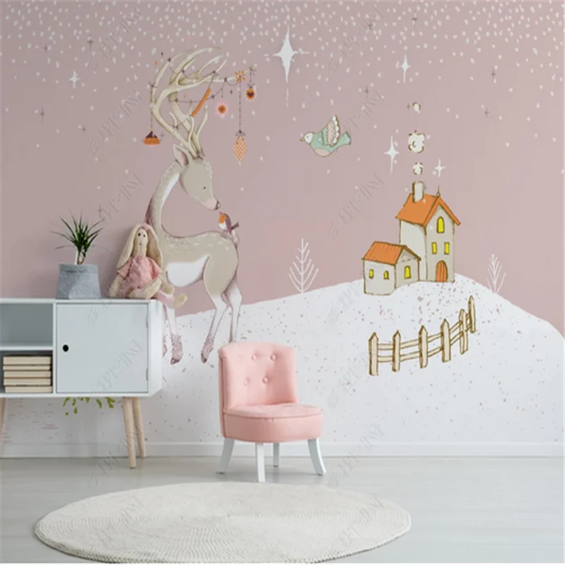 

Nordic Home Decor Wall Paper 3D cartoon Animal Elk Children's room background Mural Wallpaper Kids Room Papel De Parede 3d