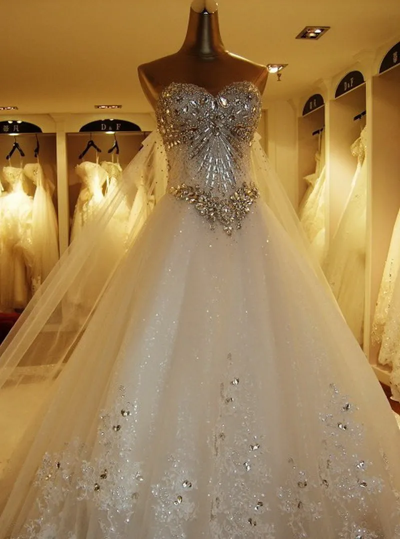 Custom Made Ball Gown Sweetheart Lace Crystal Beaded Diamond Formal Wedding Dresses Luxury Bridal Gowns Real Photos XJ05