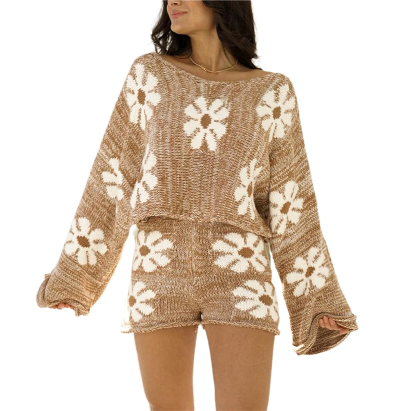 

2Pcs Set Women Fall Outfits Y2K Long Sleeve Off Shoulder Floral Knit Tops + Zip Up Shorts 2Piece Set Women Streetwear