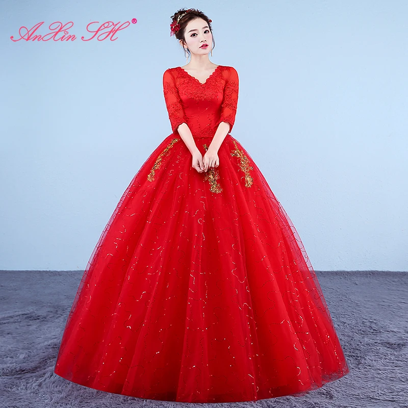 AnXin SH Prinzessin Blume rote Spitze Vintage Party V-Ausschnitt halbe Ärmel Ballkleid goldene Spitze Blume weiß maßgeschneidertes Hochzeitskleid