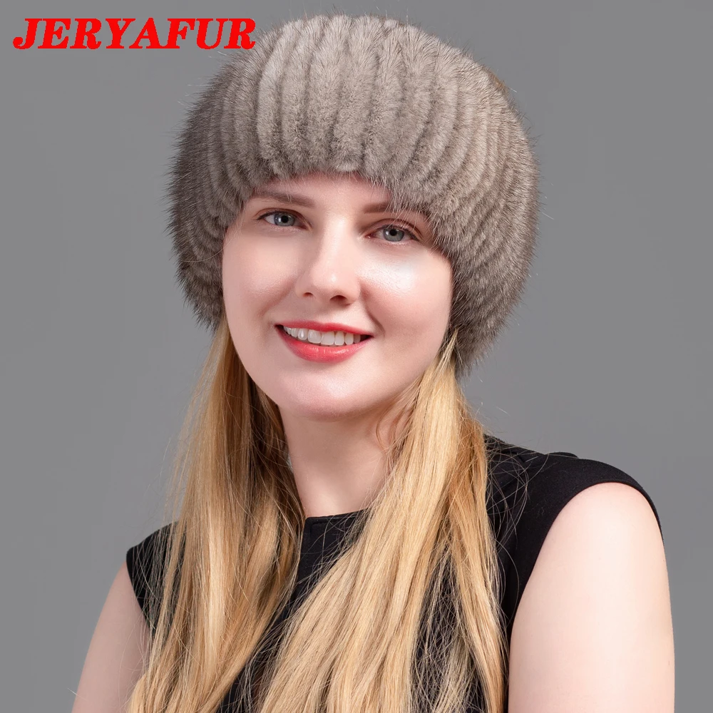 JINBAOSEN Ladies Winter Knitted Leather Straw Hat Real Mink Scarf Hat Stretch Luxury Mink Empty Top Hat