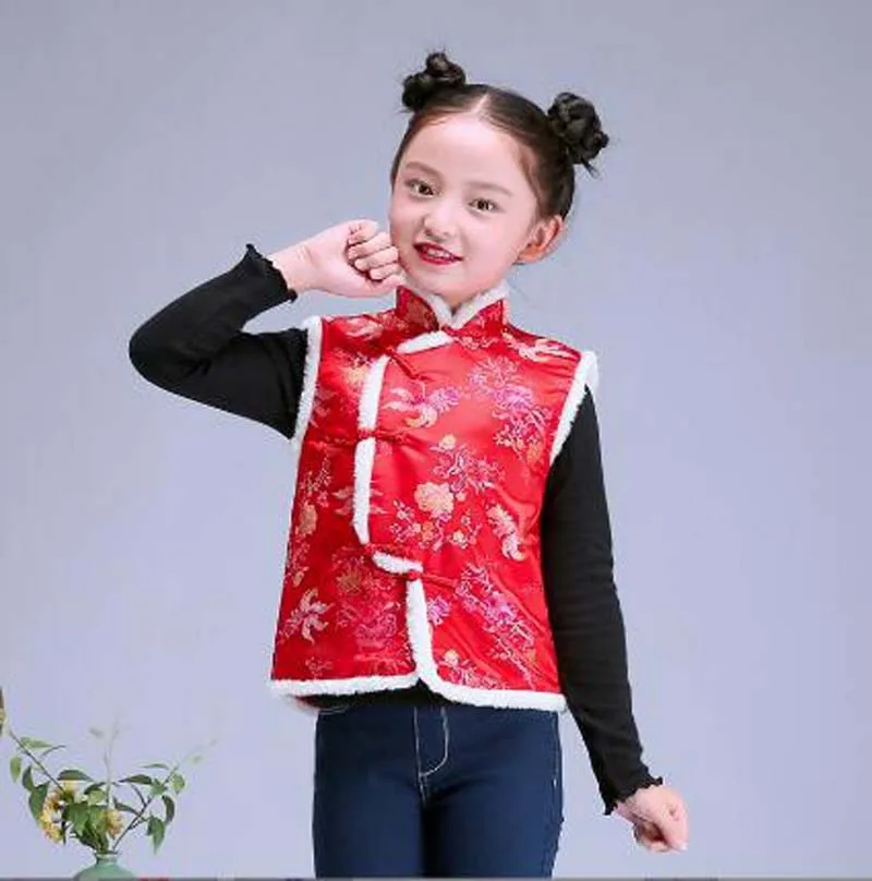 Chinese New Year Children Vest Cotton Tang Suit Boys Girls Winter Keep Warm Outwear Waistcoat Kids Satin Sleeveless Coat