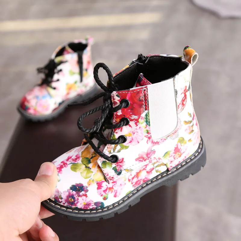 Little Baby Girls Children Leather Boots Kids Boots Flower Print Baby Girls Shoes Girls Boots 3 4 5 6 7Years Old Kids