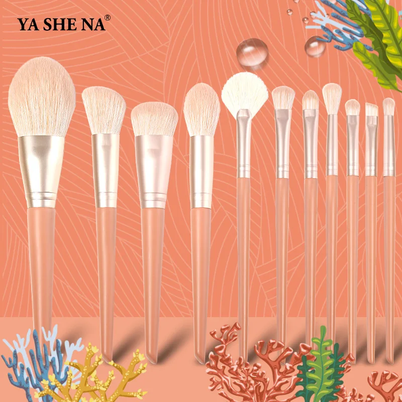 New 11pcs wooden handle makeup brush coral orange makeup brush set brush