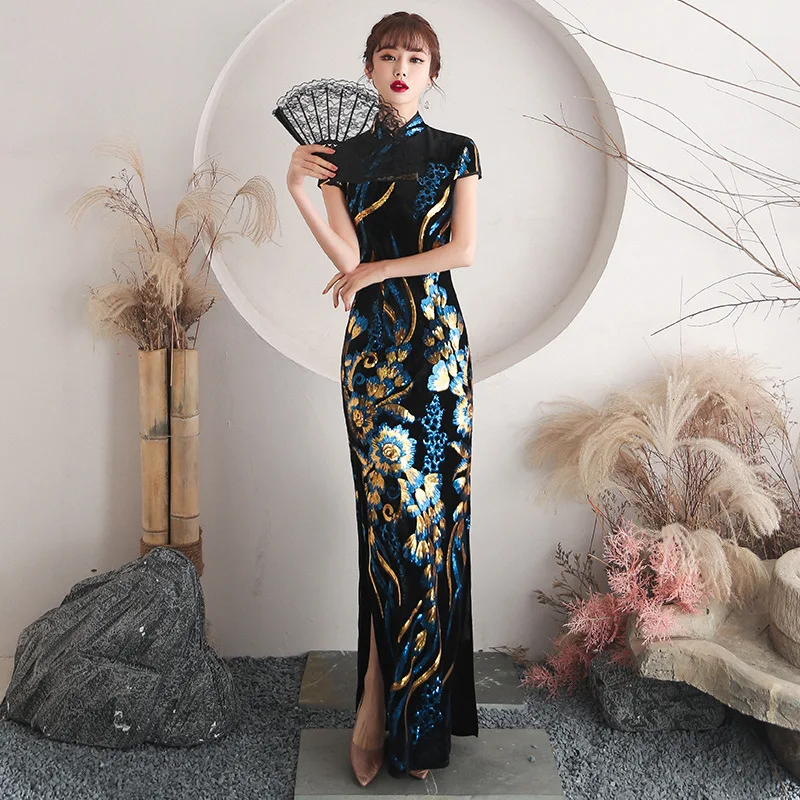 Oversize 4XL welurowy cekinowy kwiat Cheongsam kobiety szczupła aksamitna Qipao elegancka suknia wieczorowa z krótkim rękawem Vestidos