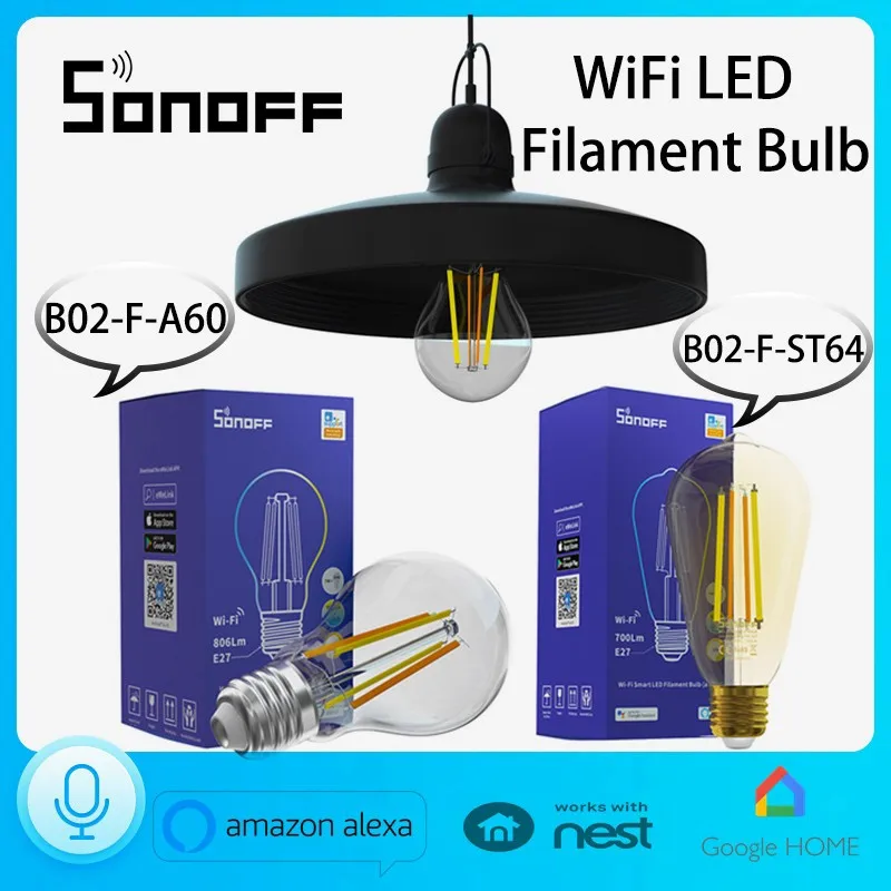 SONOFF B02-F-A60/B02-F-ST64 WiFi LED Filament Bulb Dual-Color Smart Dimmable Lamp E27 Works with Alexa Google Home Voice Remote