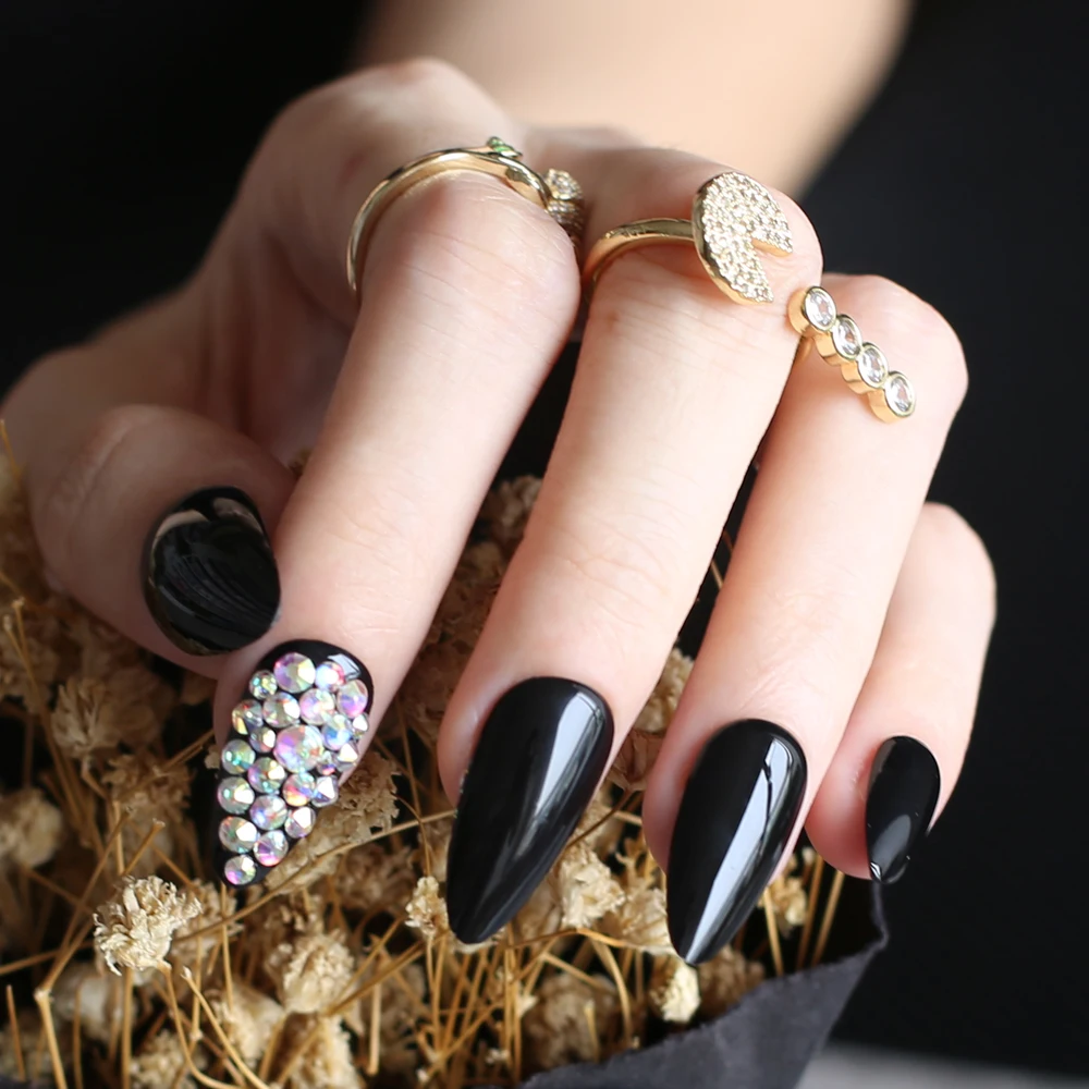 UV wedding nails Water droplets shiny glossy black false nails stiletto 28pcs full set full crystal diamonds Handmade