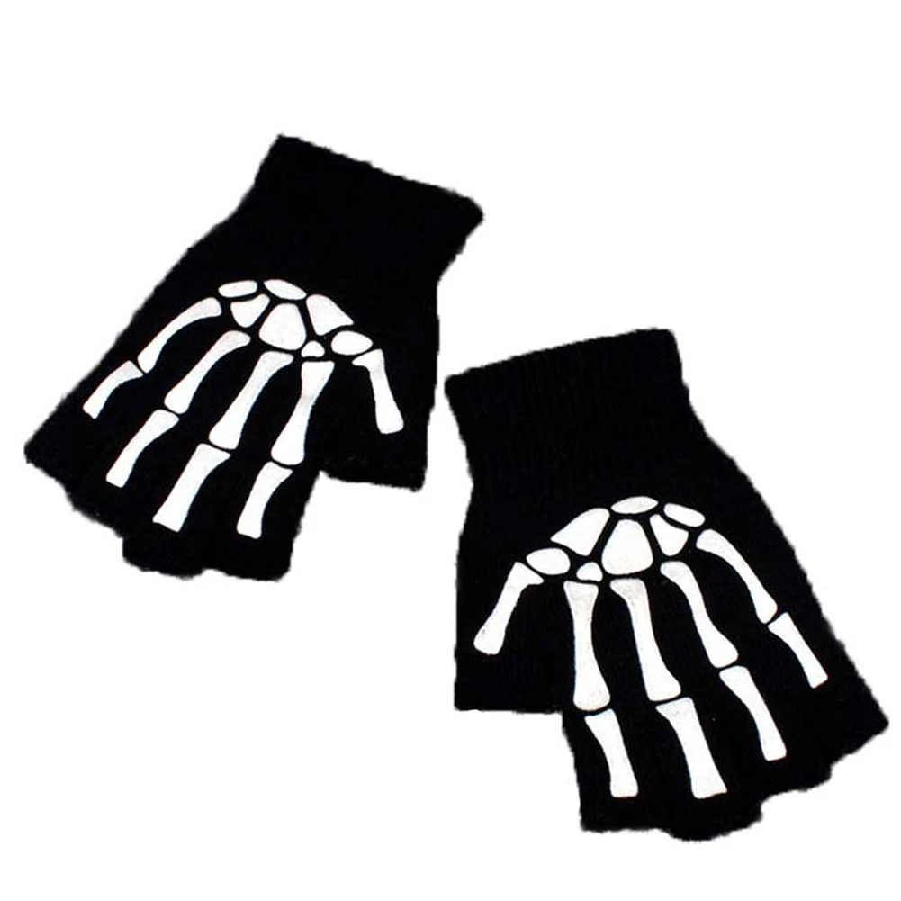 1 par unisex adulto dia das bruxas esqueleto crânio metade dedo luvas impressão mão osso fingerless estiramento malha luvas de inverno