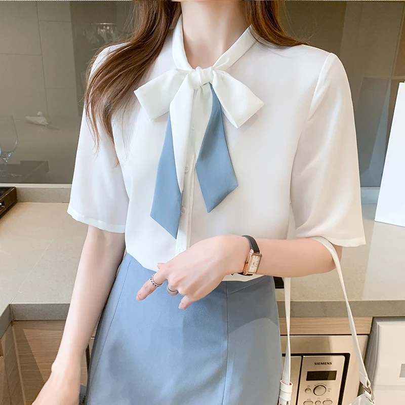 Blusas Blouses Femme Short Sleeve Blouse Women Blusas Mujer De Moda 2024Bow V-Neck Chiffon Blouse Shirt Tops Women Shirts E931