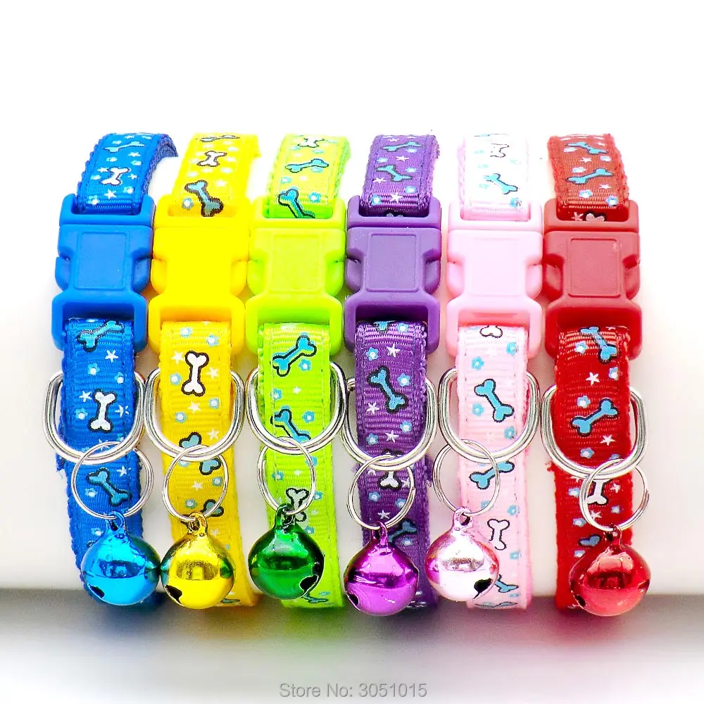 Wholesale 100X Adjustable Dog Collars With Bell Colorful Neck Strap For Cat Pet Dog Collar Collars Bone Print Basic Collar Shop