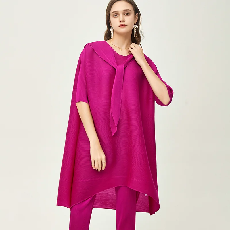 2021 summer hooded dress miyake pleated ultra-loose one-shoulder bat skirt with sleeves basic loose thin folda casual dresses