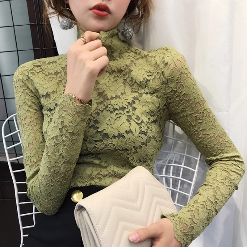 2019 Turtlneck Elegant Lace Blouse Shirt Sexy Hollow Out Embroidery feminine Blouse Women Long Sleeve Spring Summer Tops Female