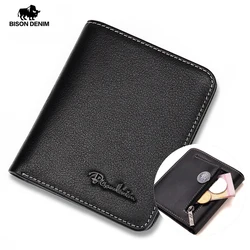 BISON DENIM Men Wallets Black Genuine Leather Purse For Men Business Card Holder Men's Wallet Mini N4429