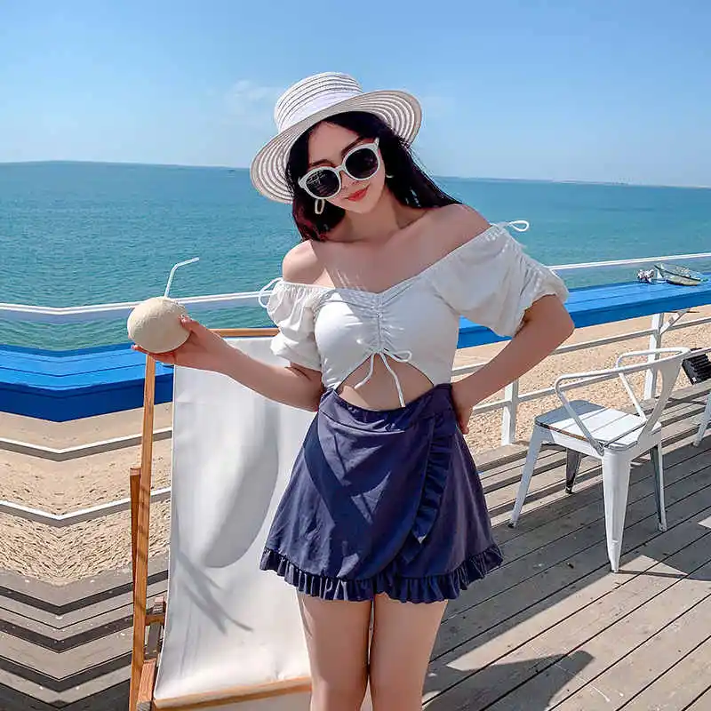 2021 Korean New Style One-Shoulder Drawstring Fairy Fan Swimsuit Split Pleated Ruffled Bikini Two-Piece Long-Sleeved Swimsuit