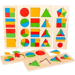 Montessori Wood Toys Colorful Fraction Board Geometric Shape Panel Triangle Circle Square Shapes 3 in 1 Preschool Learning Gift