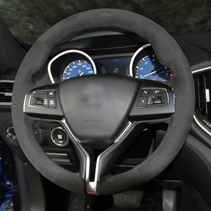 

DIY Black Suede Car Steering Wheel Hand-stitch on Wrap Cover For Maserati Ghibli Levante Quattroporte GT