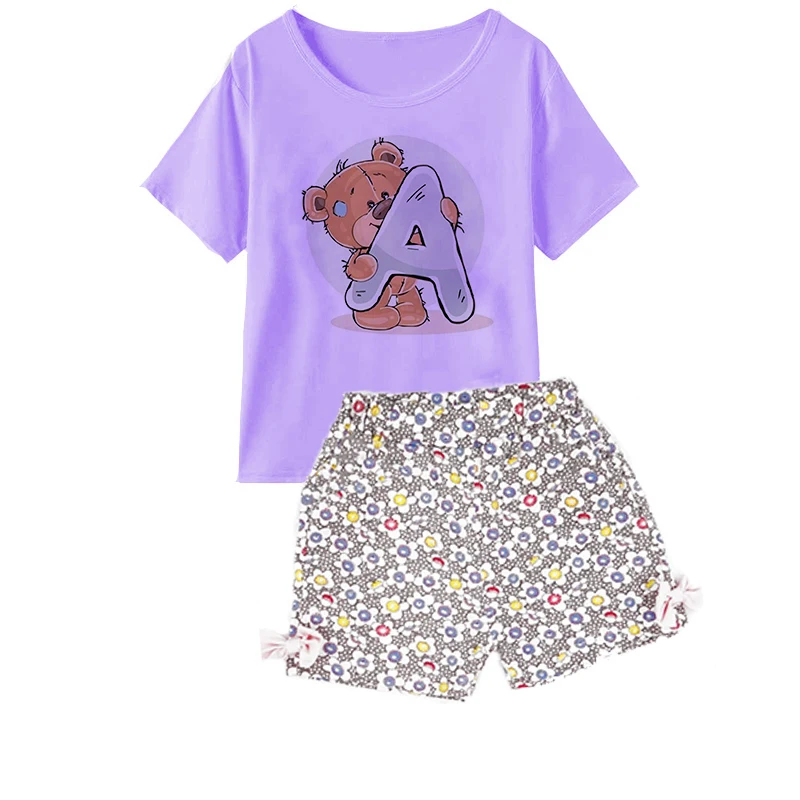 2 Piece Set Letter Baby Girl Clothes Girls Summer Clothes Set Short Sleeved T Shirts Shorts Cute Purple Tops Kids Casual Wear.