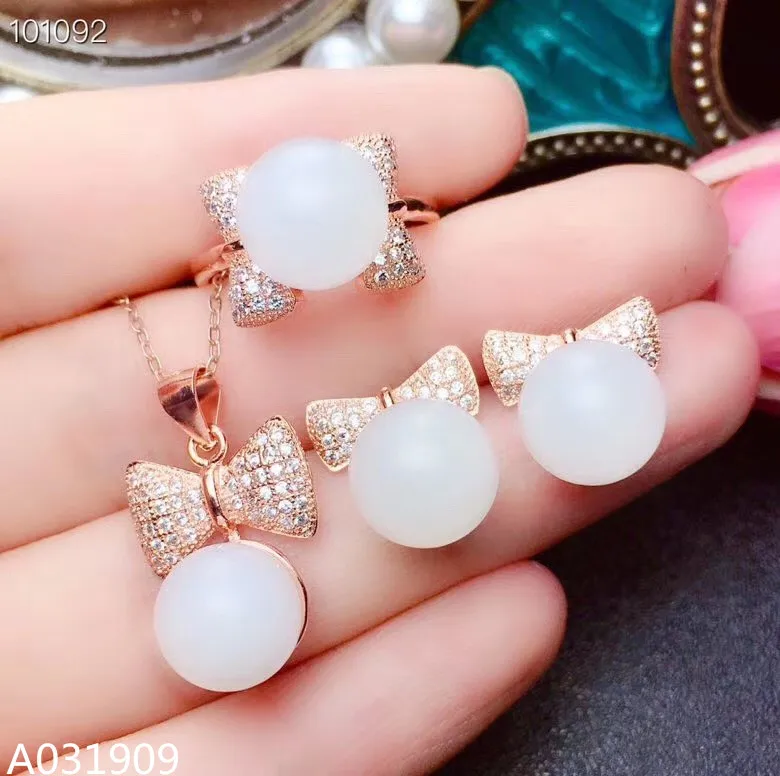 KJJEAXCMY boutique jewelry 925 sterling silver inlaid Natural White jade ball Necklace Ring Earring Set Support detection