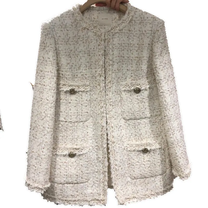 Vintage pequena fragrância tweed lã blazer mulheres outono inverno o-pescoço solto terno longo jaqueta