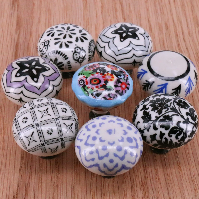 1PC Assorted Black Blue & White hand painted Ceramic knobs  Kitchen Bedroom Furniture Door Cabinets Cupboard Pulls and handles