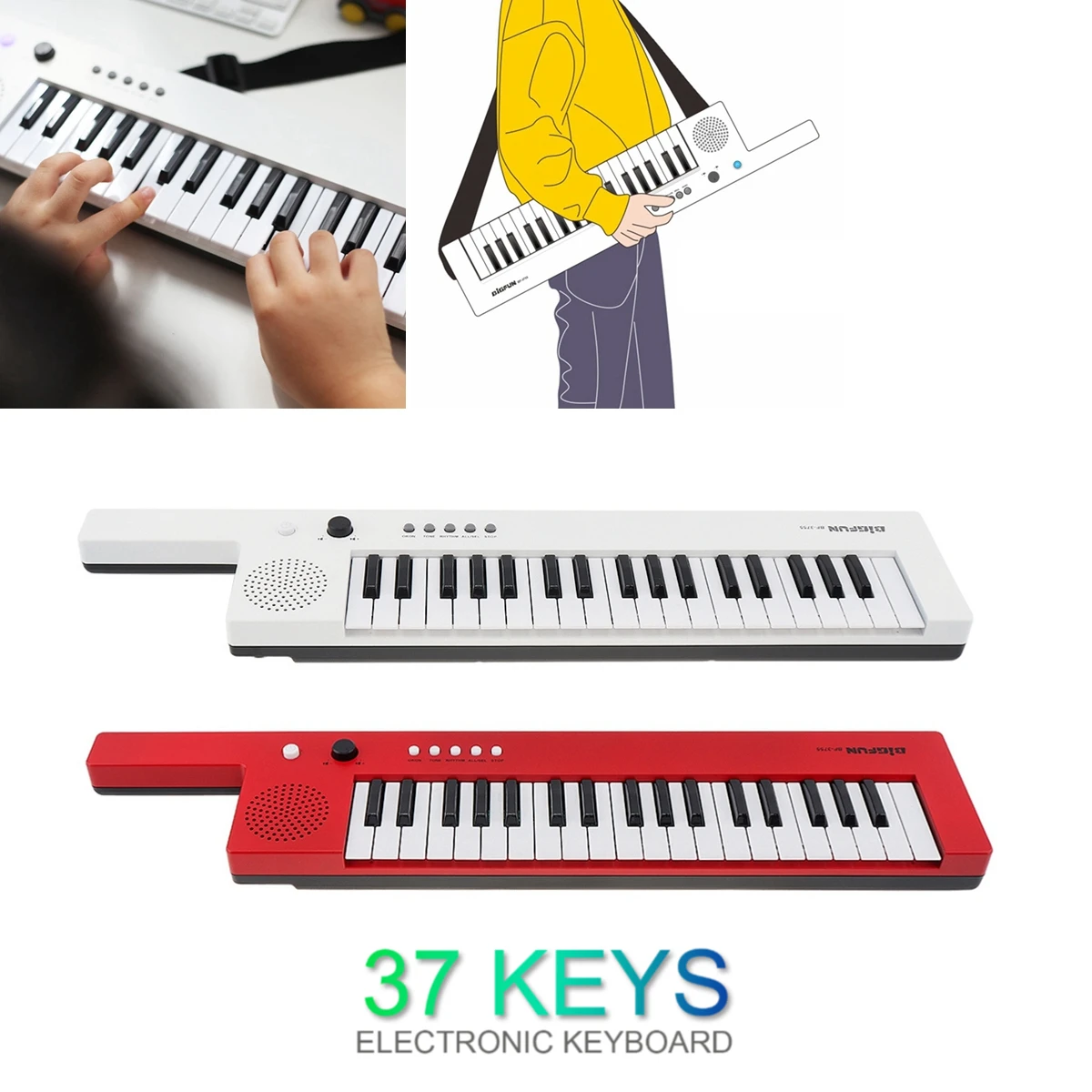 Rechargeable 37 Keys Guitar Electronic Organ Mini Key Board Children Piano with Microphone Musical & Shoulder Strap Gift