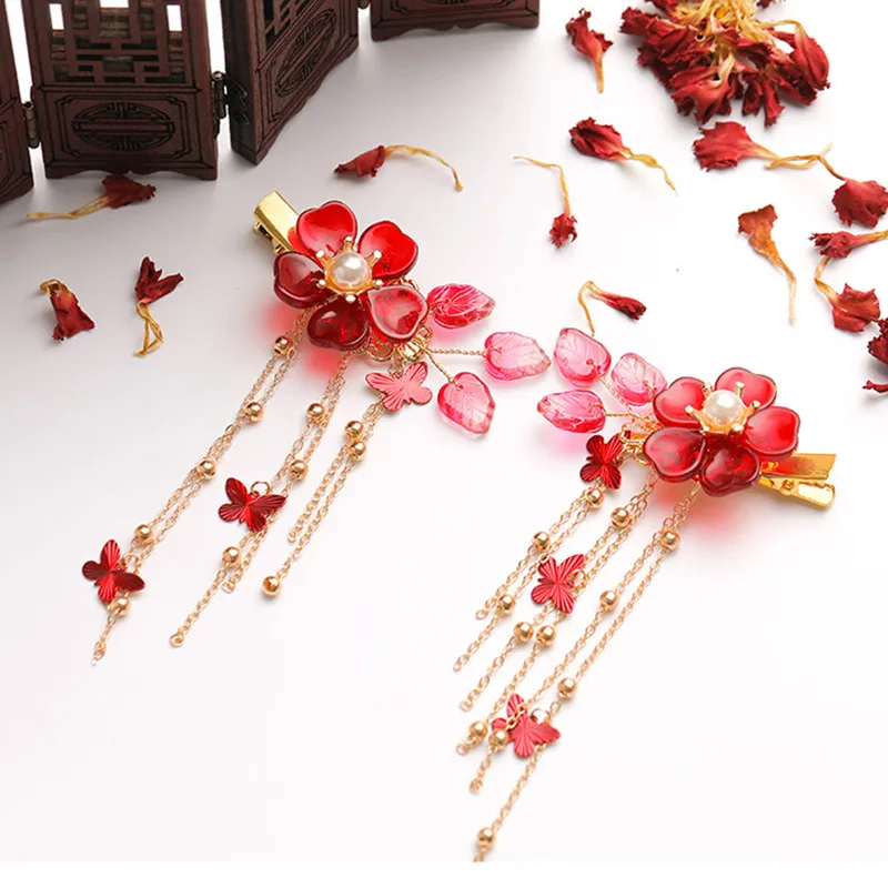 2pcs Butterfly Hair Clip Red Flower Pearls Hairpins Chinese Fashion Barrette Women Hanfu Dress Hair Jewelry Accessories Ornament