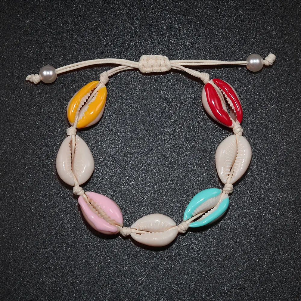 Colorful Rainbow Color Seashell Hand Knit Bracelet Fashion Boho Bracelet Women Girls Natural Shell Handmade Jewelry Wholesale