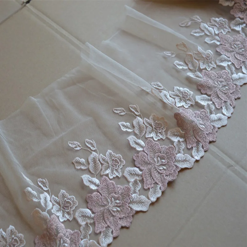 10Meters Pink Rose Flower Embroidered Mesh Lace Trim DIY Sexy Bra Lingerie Fabric Sewing Crafts Material 21cm Width