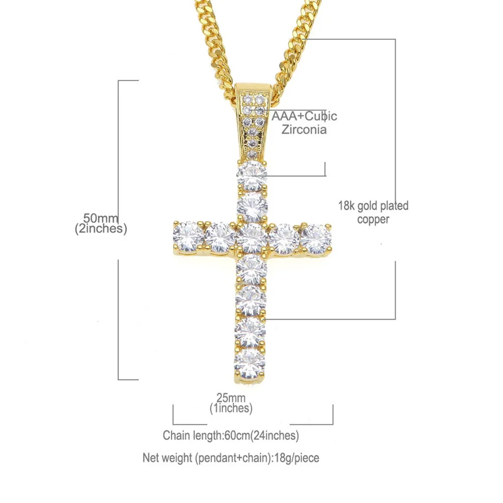 1 Row AAA CZ Stone Cubic Zirconia Cross Pendants Necklaces Gold Silver Color Men Hip Hop Bling Ice Out Rapper Jewelry