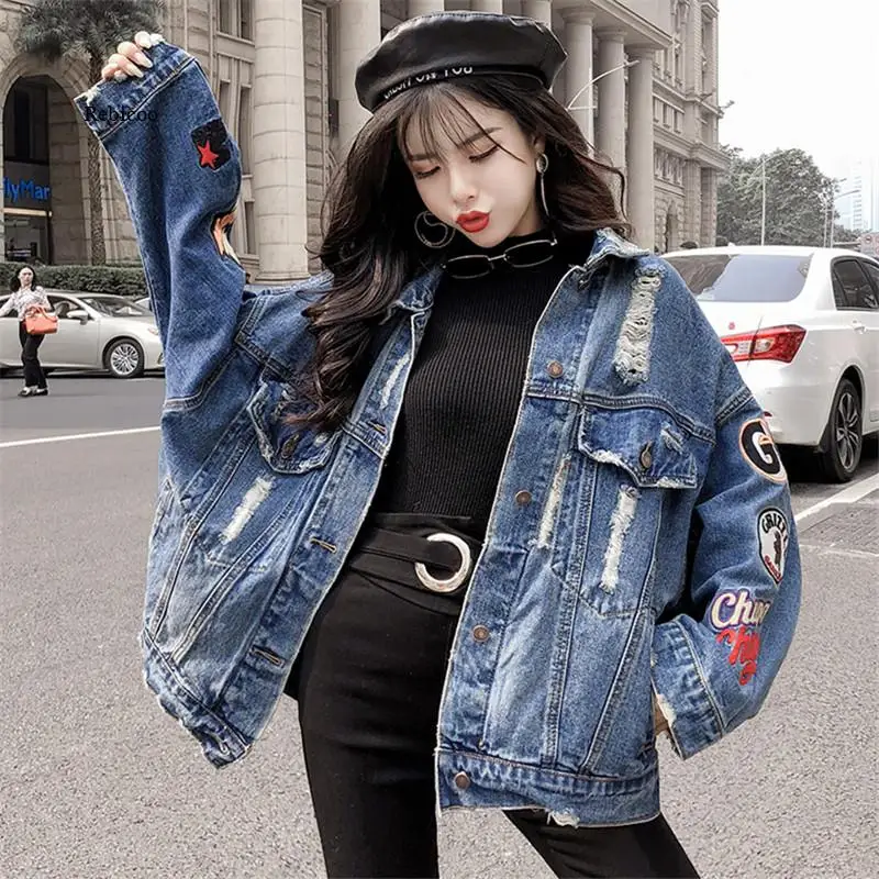 

Women Denim Jacket Embroidery Jeans Coat Hip Hop Hole Single Breasted Jeans Jacket Casual Women Jacket New