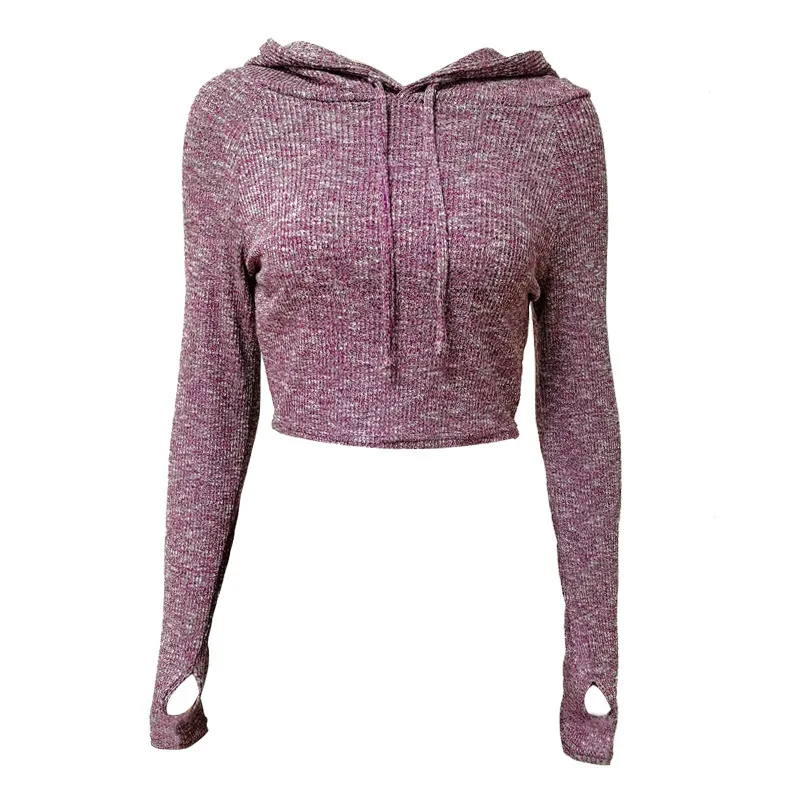 

Knitted Top Women Round-Neck Loose Long-Sleeved Short Running Hoodie Autumn Winter Sports Tops Yoga Clothes Sportswear 2021