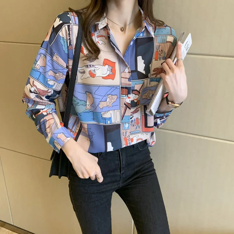 causal loose ladies shirts Fashion printing Women\'s Blouses Long Sleeve Shirts Tops Blusas Mujer