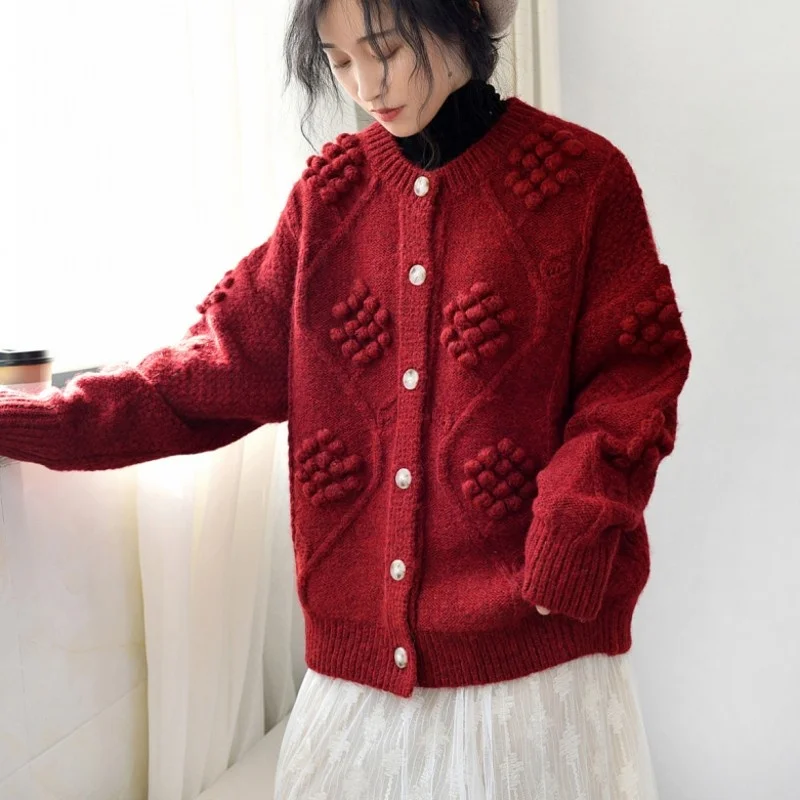 Autumn 2022 New Japanese Style Loose O-Neck Single Breasted Vintage Womens Sweater Jackets Solid Elegant Female Concise Sweater