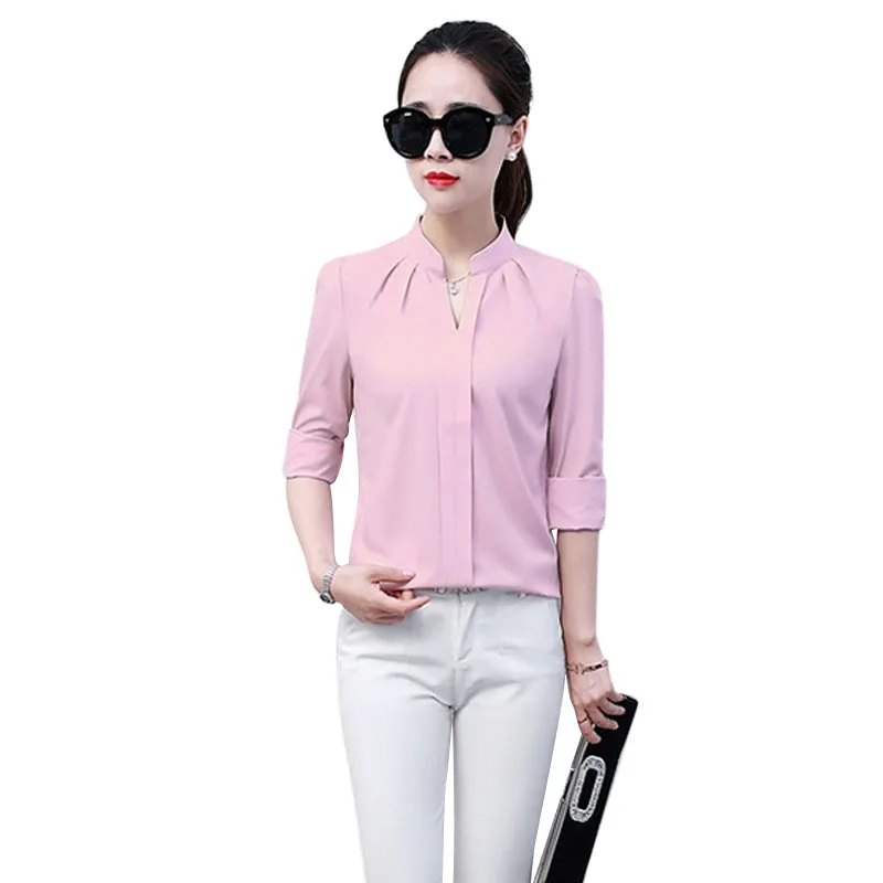 Sommer Frauen Chiffon-Bluse Shirts Damen Weiß Elegante Sexy V-ausschnitt Bluse Langarm Hemd Weibliche Büro Hemd 2020