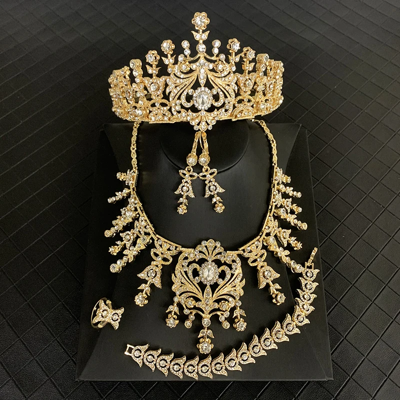 

Macedonian Wedding Jewelry Women's Earrings Necklace Bracelet Ring Crown Arab Bride Gift 5-Piece Set