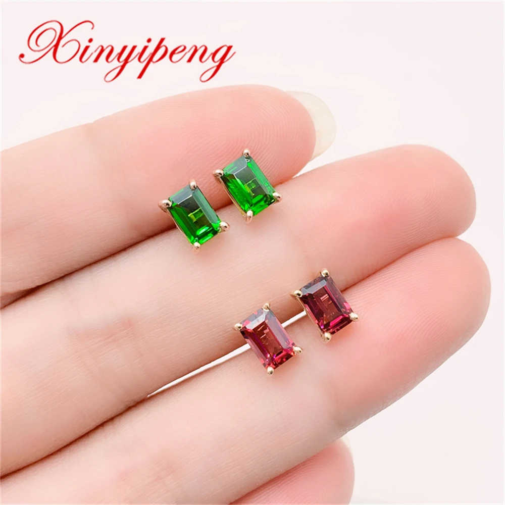 

Xin Yipeng Fine Gem Jewelry Real 18K Gold Inlaid Natural Green Diopside Red Garnet Earrings Anniversary Party Gift For Women