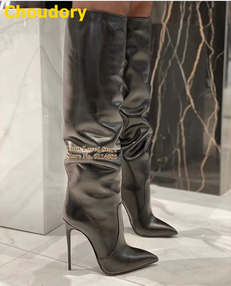 Choudory Women Black Matte Leather Knee High Boots Stiletto Heels Pointed Toe Folded Loose Tall Boots Sexy Nightclub Dress Shoes