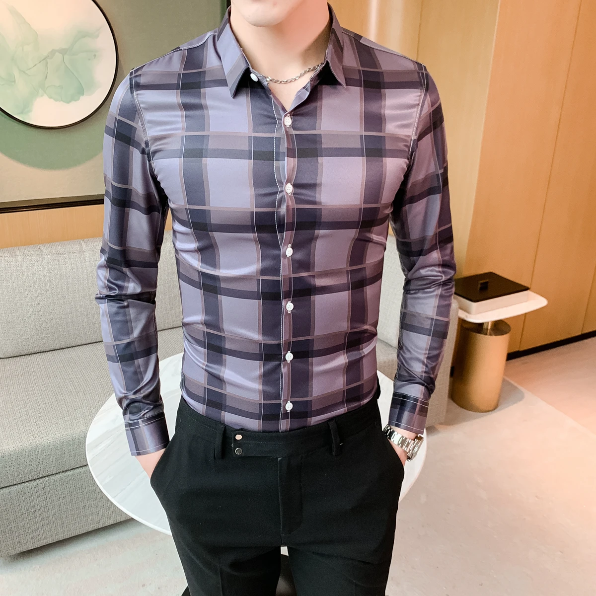 

Formal High Quality Casual Shirts 5XL Korean Men Clothes British Style Check Shirt Men Spring Slim Fit Plaid Shirt Long Sleeve