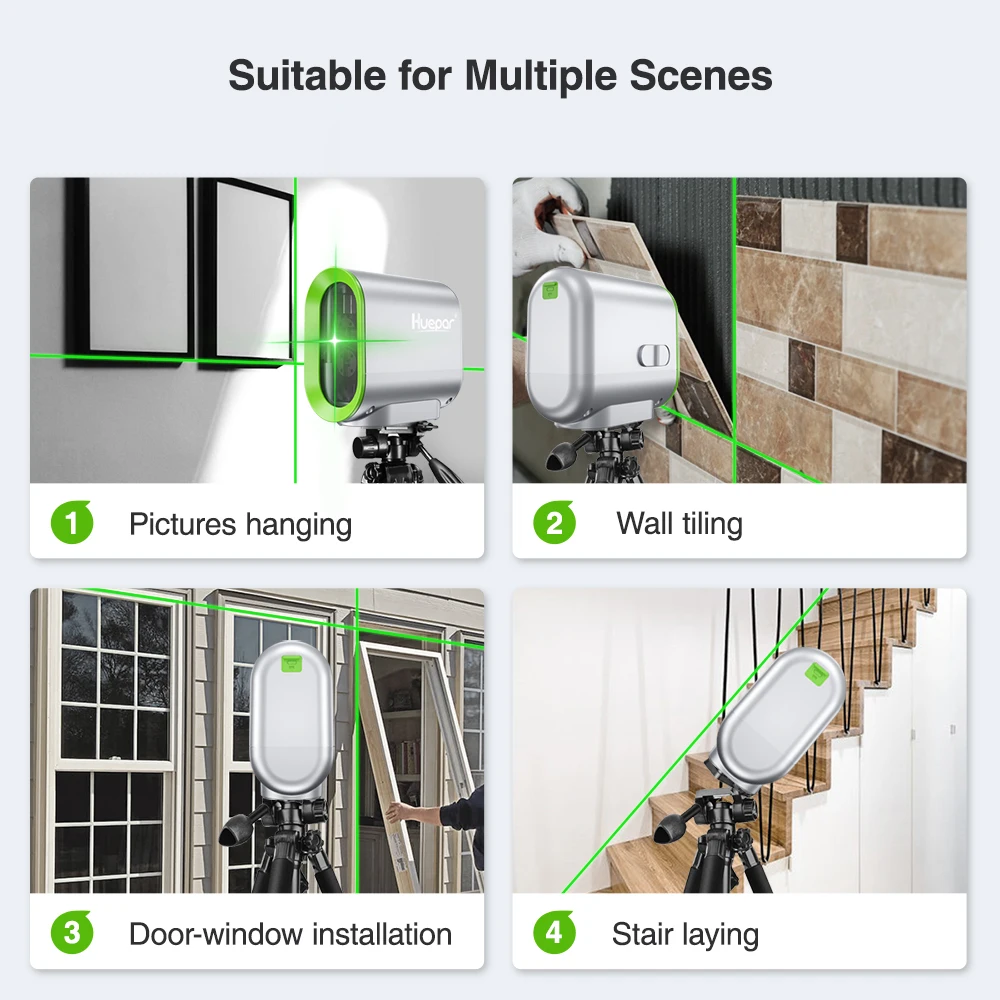 Poziom lasera samopoziomujący Huepar 2 linie i akumulator litowo-jonowy zielona linia poprzeczna z trybem impulsowym i narzędziem do statywu