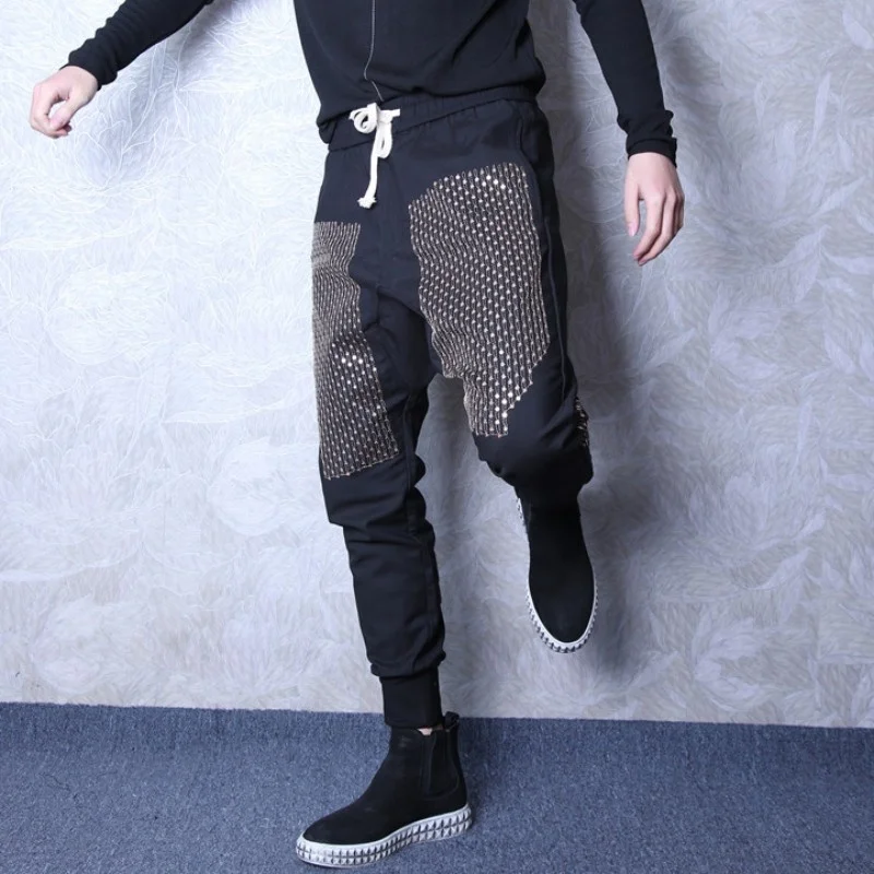 Mens Fashion Hip Hop Drop Crotch Harem Pants Rivets Embroidery Joggers Pants Eleastic Waist Stage Show Shiny Casual Trousers