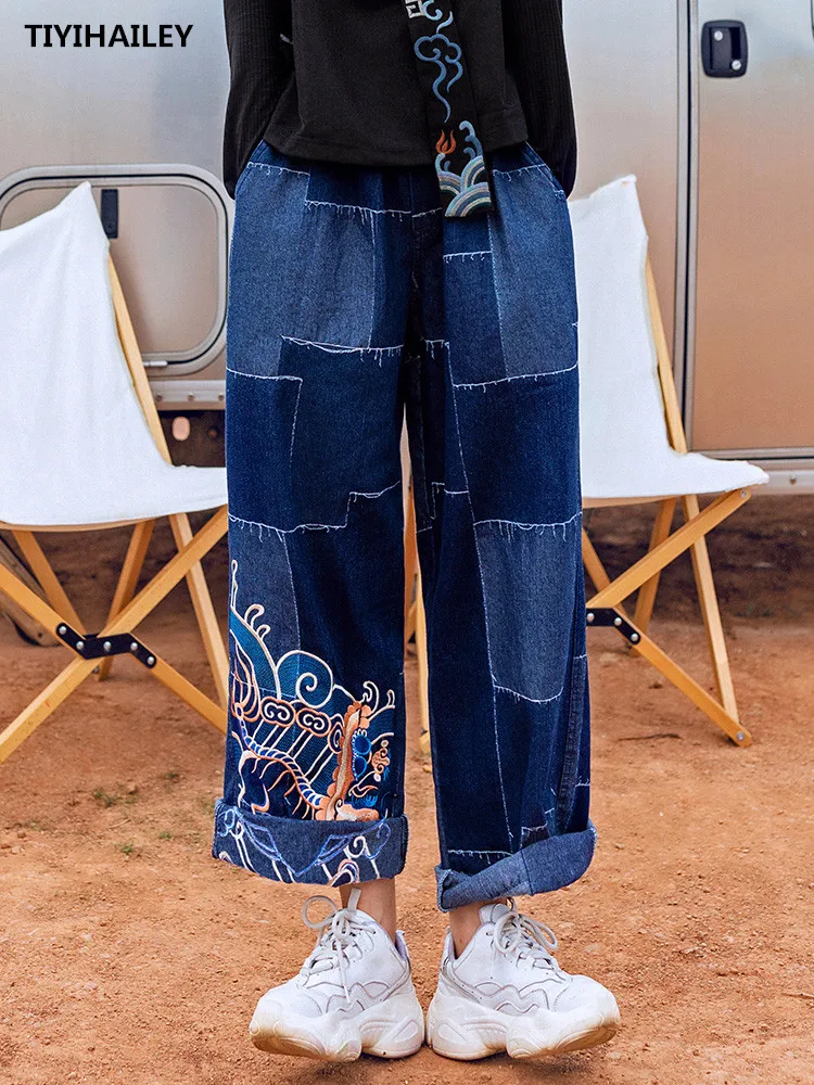 

TIYIHAILEY Patchwork Free Shipping Fashion Long Pants Embroidery Chinese Style Wide Leg Pants Trousers S-XL Jeans Elastic Waist