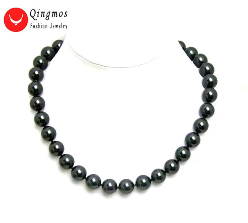 

Qingmos Fashion 12mm Round Dark Black Sea Shell Pearl Necklace for Women Jewelry 18" Choker Necklace Collier Custom Necklace